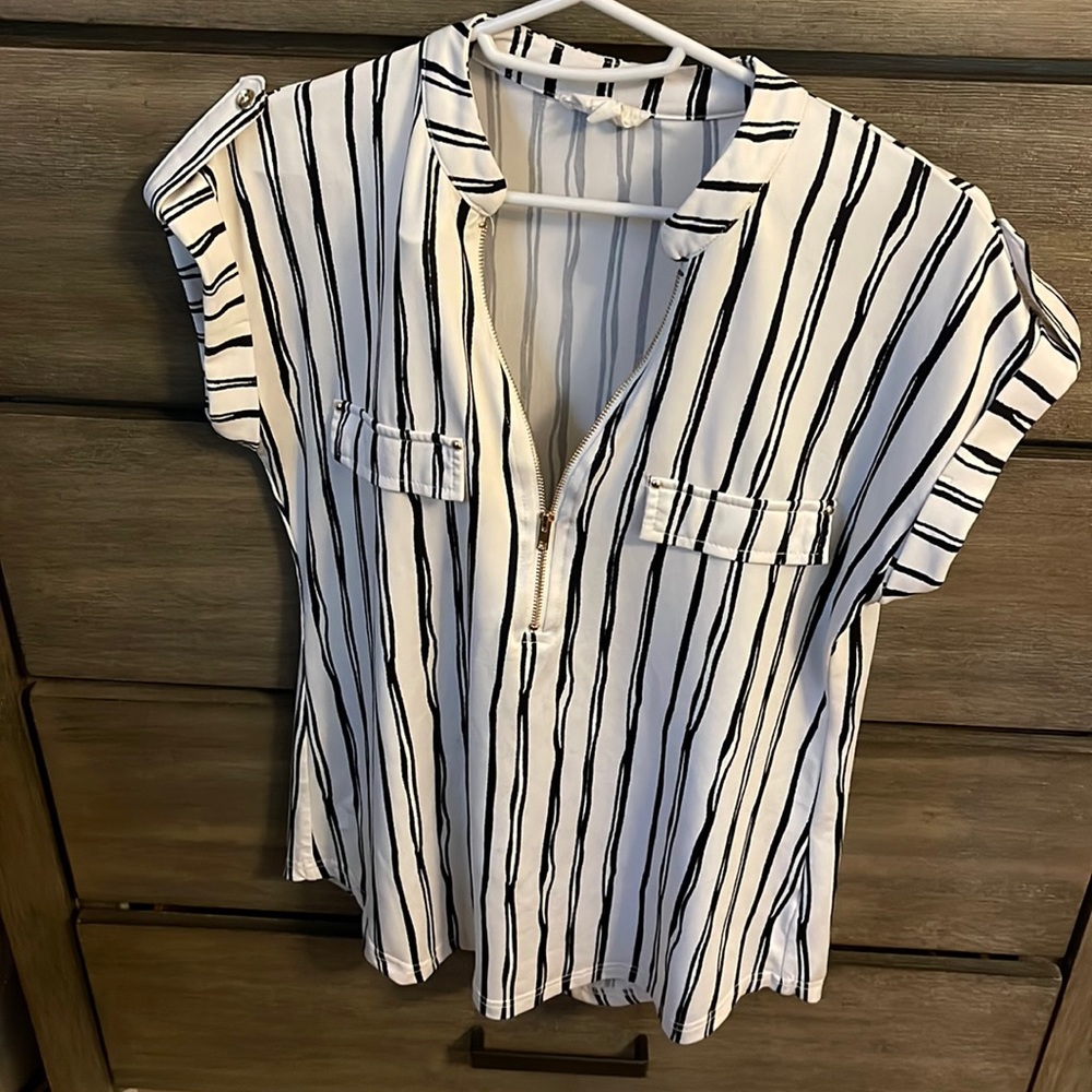 Striped Zipper Front Blouse with Pocket Detailing